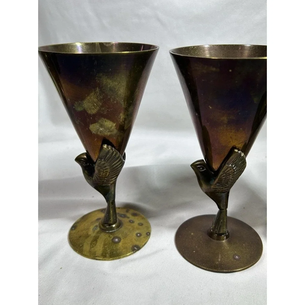 Vintage Godinger Brass Goblet Birds Phoenix Set Of 4 India MCM Mid Century
